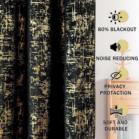 Tititex Luxury Golden Black Velvet Blackout Curtains 84 inch Length 2 Panels Sets for Bedroom Window Drapes Thermal Curtains with Grommets, Gold Foil Print for Living Room in Saudi Arabia