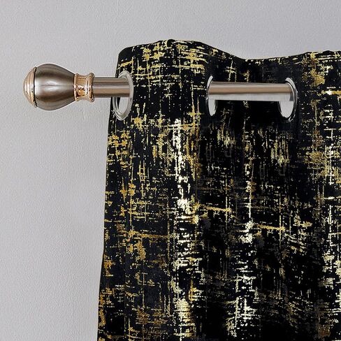 Tititex Luxury Golden Black Velvet Blackout Curtains 84 inch Length 2 Panels Sets for Bedroom Window Drapes Thermal Curtains with Grommets, Gold Foil Print for Living Room in Saudi Arabia