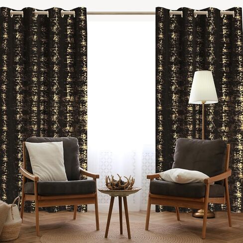 Tititex Luxury Golden Black Velvet Blackout Curtains 84 inch Length 2 Panels Sets for Bedroom Window Drapes Thermal Curtains with Grommets, Gold Foil Print for Living Room in Saudi Arabia