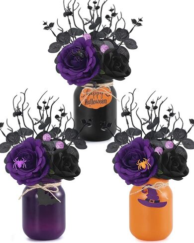 Nefelibata Halloween Mason Jar Hocus Pocus قطع مركزية لطاولة الهالوين ترتيب زهور الهالوين مع زهور أرجوانية سوداء اصطناعية وأوراق الأوكالبتوس ديكور المنزل والمطبخ مجموعة من 3 in Kuwait