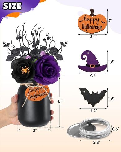 Nefelibata Halloween Mason Jar Hocus Pocus قطع مركزية لطاولة الهالوين ترتيب زهور الهالوين مع زهور أرجوانية سوداء اصطناعية وأوراق الأوكالبتوس ديكور المنزل والمطبخ مجموعة من 3 in Kuwait
