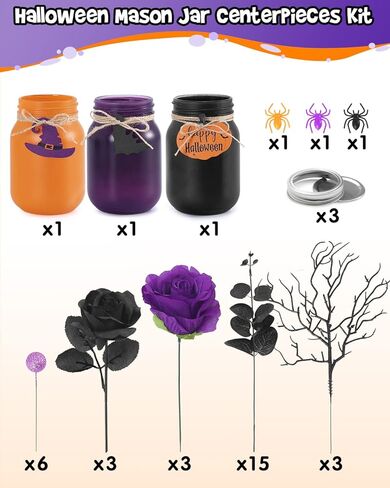 Nefelibata Halloween Mason Jar Hocus Pocus قطع مركزية لطاولة الهالوين ترتيب زهور الهالوين مع زهور أرجوانية سوداء اصطناعية وأوراق الأوكالبتوس ديكور المنزل والمطبخ مجموعة من 3 in Kuwait