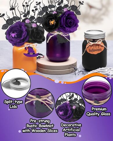 Nefelibata Halloween Mason Jar Hocus Pocus قطع مركزية لطاولة الهالوين ترتيب زهور الهالوين مع زهور أرجوانية سوداء اصطناعية وأوراق الأوكالبتوس ديكور المنزل والمطبخ مجموعة من 3 in Kuwait