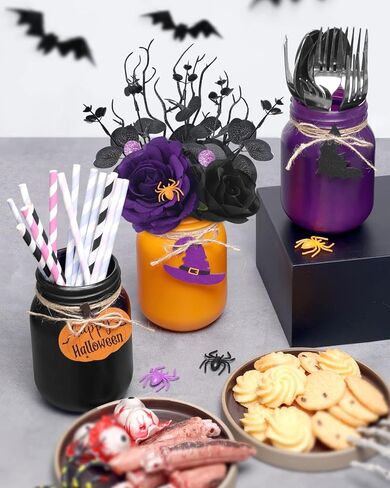Nefelibata Halloween Mason Jar Hocus Pocus قطع مركزية لطاولة الهالوين ترتيب زهور الهالوين مع زهور أرجوانية سوداء اصطناعية وأوراق الأوكالبتوس ديكور المنزل والمطبخ مجموعة من 3 in Kuwait