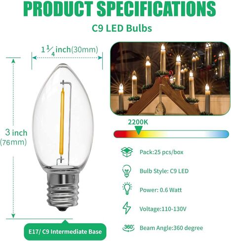 Meconard C9 أدى استبدال لمبة ضوء عيد الميلاد، 25 حزمة C9 لمبات LED شاتيربروف لأضواء سلسلة عيد الميلاد في الهواء الطلق، E17 قاعدة متوسطة، لمبات عطلة الصف التجاري، أبيض دافئ in Kuwait