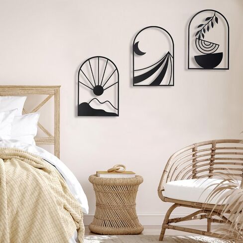 OYEFLY 3 PCS Boho Black Metal Wall Decor,Black Boho Metal Wall Art (Black, Arch 11in) in Kuwait