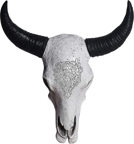 بيسون الثور جمجمة جدار ديكور البقرة رئيس LongHorn المنحوتات لوحة الفن الحرف الحلي قرون صديقة للبيئة ودائم الراتنج النحت شنقا الفن، أبيض in Saudi Arabia