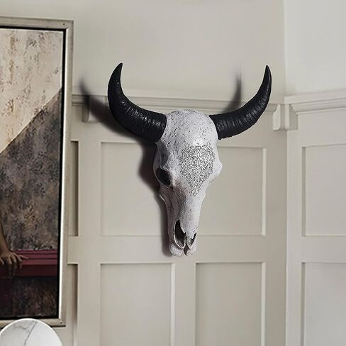بيسون الثور جمجمة جدار ديكور البقرة رئيس LongHorn المنحوتات لوحة الفن الحرف الحلي قرون صديقة للبيئة ودائم الراتنج النحت شنقا الفن، أبيض in Saudi Arabia