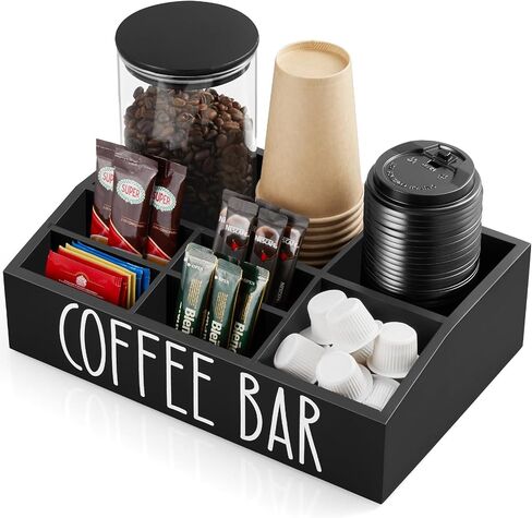 ALELION Coffee Station Organizer for Countertop - 7 Compartments Coffee Bar Accessories and Organizer with Removable Dividers - Black Coffee and Tea Condiment Organizer - Rustic Coffee Bar Decor in Kuwait