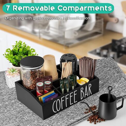 ALELION Coffee Station Organizer for Countertop - 7 Compartments Coffee Bar Accessories and Organizer with Removable Dividers - Black Coffee and Tea Condiment Organizer - Rustic Coffee Bar Decor in Kuwait
