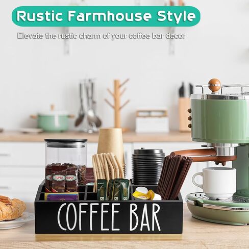 ALELION Coffee Station Organizer for Countertop - 7 Compartments Coffee Bar Accessories and Organizer with Removable Dividers - Black Coffee and Tea Condiment Organizer - Rustic Coffee Bar Decor in Kuwait