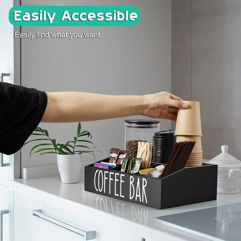 ALELION Coffee Station Organizer for Countertop - 7 Compartments Coffee Bar Accessories and Organizer with Removable Dividers - Black Coffee and Tea Condiment Organizer - Rustic Coffee Bar Decor in Kuwait