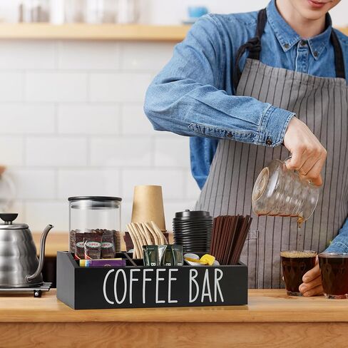 ALELION Coffee Station Organizer for Countertop - 7 Compartments Coffee Bar Accessories and Organizer with Removable Dividers - Black Coffee and Tea Condiment Organizer - Rustic Coffee Bar Decor in Kuwait