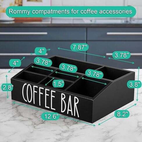 ALELION Coffee Station Organizer for Countertop - 7 Compartments Coffee Bar Accessories and Organizer with Removable Dividers - Black Coffee and Tea Condiment Organizer - Rustic Coffee Bar Decor in Kuwait