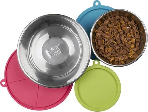 Messy Mutts 6-Piece Set | Three Stainless Steel Bowls and Three Colorful Silicone Lids | Sealable Travel Containers | Portable Food/Water Dishes for Pets | Medium, 1.5 Cups in Saudi Arabia