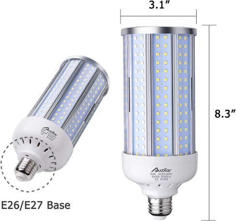 60W LED لمبة ضوء الذرة لمنطقة داخلية كبيرة، E26 6000Lm 6500K أبيض بارد، سوبر مشرق ضوء النهار LED لمبة الذرة لمرآب الحظيرة ورشة عمل مستودع مصنع الشرفة الفناء الخلفي خليج عالية، 85V-265V in Saudi Arabia