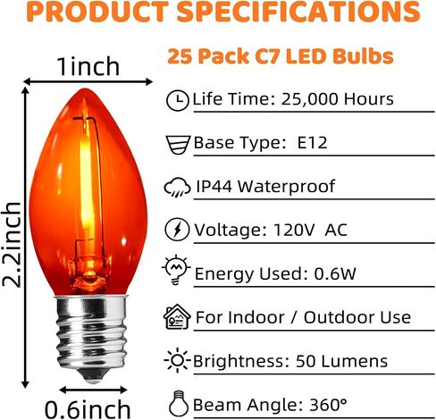 25 حزمة C7 LED استبدال المصابيح البرتقالية واضحة لسلسلة أضواء في الهواء الطلق، E12 قاعدة المسمار، 0.6W ليلة ضوء المصابيح البلاستيكية للهالوين داخلي في الهواء الطلق سقف حديقة فناء ساحة ديكورات الحفلات in Saudi Arabia