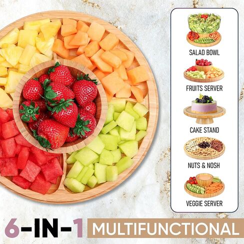 Bamboo Cake Stand with Dome Multi Function 6 in 1 Cake Holder Serving Platter, (12") Round Veggie Stand and Salad Bowl, Decorative Display Cake Stand with lid in Saudi Arabia