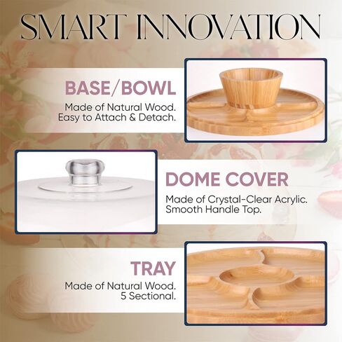 Bamboo Cake Stand with Dome Multi Function 6 in 1 Cake Holder Serving Platter, (12") Round Veggie Stand and Salad Bowl, Decorative Display Cake Stand with lid in Saudi Arabia