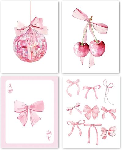 foedor Coquette Pink Bow Preppy Girly Wall Art Prints مجموعة من 4، ديكور غرفة Coquette Preppy، ديكور غرفة نوم جرلي، القوس الوردي العصري ديسكو كرة الكرز ملصقات ديكور الحائط للفتيات غرفة النوم، 8x10 غير مؤطرة in Saudi Arabia