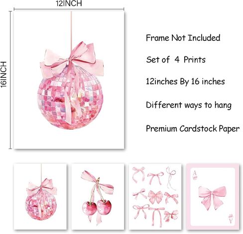 foedor Coquette Pink Bow Preppy Girly Wall Art Prints مجموعة من 4، ديكور غرفة Coquette Preppy، ديكور غرفة نوم جرلي، القوس الوردي العصري ديسكو كرة الكرز ملصقات ديكور الحائط للفتيات غرفة النوم، 8x10 غير مؤطرة in Saudi Arabia