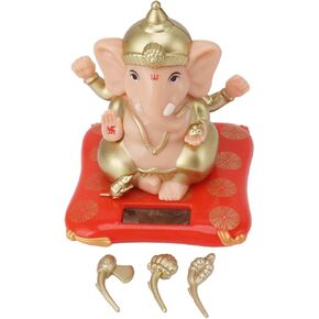 Indian Ganesh Idol Solar Powered Figurine for Car Dashboard, Hindu Ganesha Elephant God Statue, Miniature Zen Meditation Decor for Diwali Gifts Yoga Room Altar Shrine