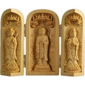 Ulalaza Boxwood Buddha Statue Solid Wood Carvings Carved Locker Box Sculpture Decoration