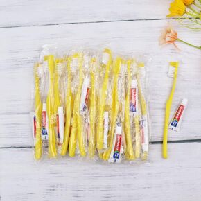 Disposable Toothbrush with Toothpaste Set Pack of 150,Yellow Hollow Individually Wrapped Manual Travel Toothbrush Kit in Bulk Toiletries for Adults,Kids,Hotel,Homeless,Nursing Home,Charity