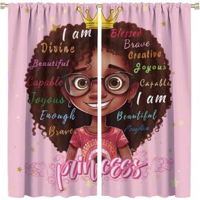 African American Kids Curtain, Afro Black Girls Princess Window Treatments Curtains for Nursery, Pink Cute Girl Style Decor 2 Panels Drapes for Girl Bedroom Children's Room 42x45in
