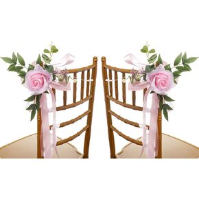 Wedding Aisle Chair Decorations Set of 6 Artificial Rose Flowers Eucalyptus with Ribbons for Ceremony Party Decor Back Floral Decoration (White), 46x27cm / 18.1x10.63in