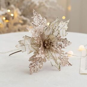 Ansho Pack of 6 Glitter Poinsettia Flower Large Artificial Christmas Flower Decoration Christmas Tree Ornaments Wreath Garland Decoration (Champagne)