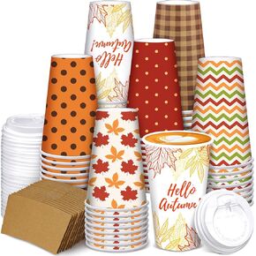 Sosation 90 Pieces/30 Sets Hello Autumn Paper Coffee Cups 16 oz Disposable Fall Cups with Lids and Sleeves Maple Leaves Beverage Paper Cups for Hot Cold Drinks Autumn Thanksgiving Party