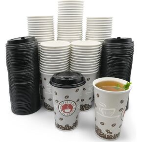 [16 oz - 100 Sets with Lids PREMIUM Paper Hot Coffee Cups with Resealable Lids - Leak Free To Go Disposable Hot Beverage Drinks
