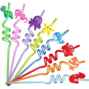 24 Pcs Under the Sea Party Favors Sea Animal Drinking Straws Reusable Sea Creature Twisted Straws Ocean Birthday Party Supplies with 2 Pcs Cleaning Brushes