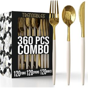Trendables 120 Pack Disposable Silverware Set - Plastic Cutlery Dinnerware - Includes 40 - Plastic Forks - Plastic Spoons - Plastic Knives - White & Gold Plastic Silverware Plastic Utensils Party Set