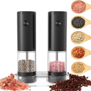 Electric Salt and Pepper Grinder Set - Battery Powered Peppermill Salt Shaker Battery Operated Spice Grinders White Light One Hand Operated Storage Base