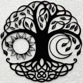 LZAOA Black Metal Tree of Life Wall Decor, Metal Wall Art of Tree of Life, Sun Moon Wall Decor Combination, Modern Home Decoration, Indoor & Outdoor Family Sign, Housewarming Gift (Black 12 inch)