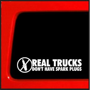 Sticker Connection | Real Trucks Don't Have Sparkplugs | Bumper Sticker Decal for Diesel Car, Truck, Window, Laptop | 2"x7.5" (White)