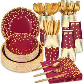 140 Pcs Burgundy and Gold Party Supplies Gold Dot Disposable Dinnerware - Paper Plates Napkins Cups Gold Plastic Forks Knives Spoons for Christmas Wedding Graduation Decoration