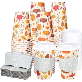 Whaline 50Pcs Fall Thanksgiving Disposable Coffee Cups with Lids and Sleeves Maple Pumpkin Paper Drinking Cups for Autumn Restaurant Travel Business Supplies, 2 Styles