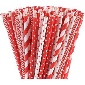 ALINK Biodegradable Red Paper Straws Bulk - 100 Dots/Stripes/Waves Straws for Beverage, Christmas, Holiday, Birthday, Wedding, Baby/Bridal Shower, Party and Decoration