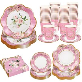 TWOWYHI 136Pcs Floral Tea Party Supplies for 25 Floral Tea Cups with Handle 9" 7" Floral Tea Paper Plates Disposable Flower Teacups and Saucers Sets for Tea Garden Birthday Bridal Wedding,Pink