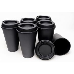 Rolling Sands USA Made 16 oz Reusable Coffee Cups with Lids 6 Pk, To Go Travel Cups, Hot or Cold Drinks, Dishwasher and Microwave Safe, Black in Kuwait