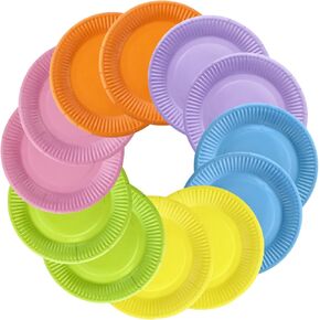 Thenshop 300pcs Paper Plates, 7 Inch Round, Disposable Party Plates, 15 Colors, Microwavable, Waterproof, DIY Colored Dish for Dessert, Cake, Birthday Party Supplies