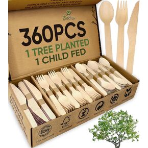 مجموعة أدوات مائدة خشبية قابلة للتحلل بنسبة 100% (360 قطعة - 150 شوكة، 125 ملعقة، 85 سكينًا) مجموعة أدوات مائدة صديقة للبيئة وطبيعية وقابلة للتحلل البيولوجي | مجموعة شوك وسكاكين وملاعق من خشب البتولا للاستعمال مرة واحدة in Kuwait