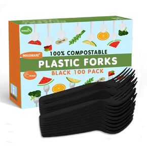 100 pack Black Forks plastic silverware disposable cutlery set utensil plasticware kitchen compostable bbq picnic office home bulk flatware box birthday party supplies fork wholesale heavy duty
