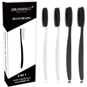 4.5 Inches Black Long Head Charcoal Flossing Toothbrush Extra Medium Soft Pack of 4 (2 Black 2 White)