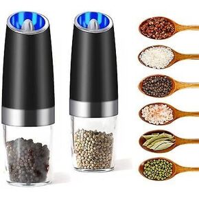 Pepper and Salt Grinder Set with Automatic Electric Shakers, Adjustable Coarseness, LED Light, Black, 7.9*2.5inch, mdl-45