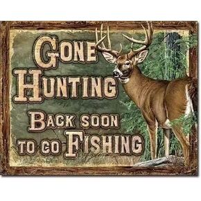 Whitetail Deer Metal Tin Sign Gone Hunting Back Soon To Co Fishing Retro Funny Poster Club Living Room Kitchen Home Art Wall Decoration Plaque
