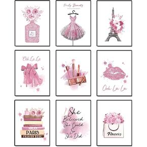 DRBLUEB Pink Flower Perfume Fashion Paris Wall Art Prints Set of 9 High Heels Lipstick Dress Wall Pictures Art Posters Wall Decor for Girls Bedroom Makeup Art Women Room 8''x10'' UNFRAMED, LXM0004-2